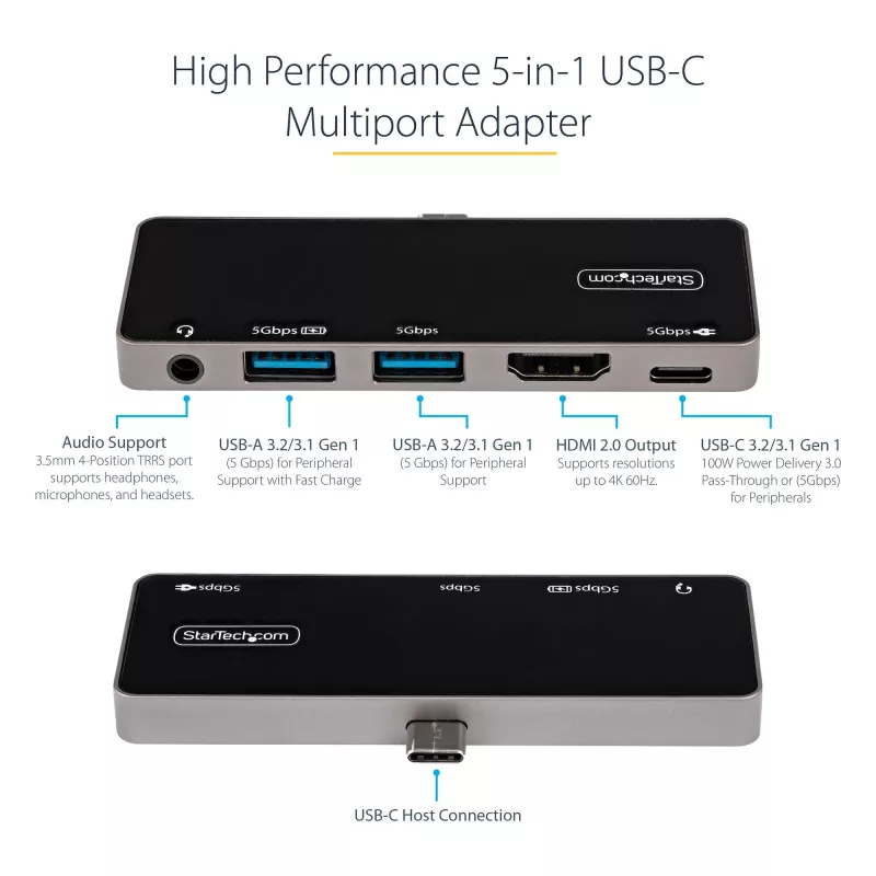 StarTech.com Adaptador multiportas USB C – USB-C para HDMI 2.0 4K 60Hz, carregamento pass-through 100W Power Delivery, hub USB 3.0 de 3 portas, Áudio – Mini dock USB-C – Dock de viagem USB Type-C portátil