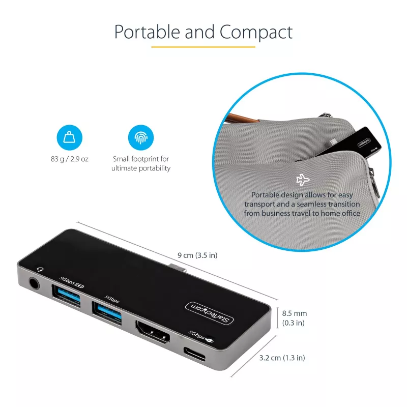 StarTech.com Adaptador multiportas USB C – USB-C para HDMI 2.0 4K 60Hz, carregamento pass-through 100W Power Delivery, hub USB 3.0 de 3 portas, Áudio – Mini dock USB-C – Dock de viagem USB Type-C portátil