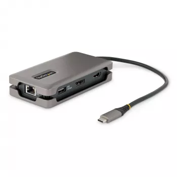 StarTech.com Adaptador multiportas USB-C – HDMI/DP 4K 60Hz – Hub USB de 3 portas – 100W Power Delivery Pass-Through – GbE – Mini estação de acoplamento de viagem com carregamento – Cabo enrolável de 30 cm