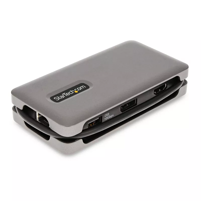 StarTech.com Adaptador multiportas USB-C – HDMI/DP 4K 60Hz – Hub USB de 3 portas – 100W Power Delivery Pass-Through – GbE – Mini estação de acoplamento de viagem com carregamento – Cabo enrolável de 30 cm