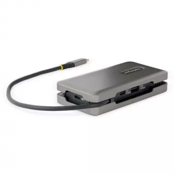 StarTech.com Adaptador multiportas USB-C – HDMI/VGA – 4K 60 Hz – Hub USB de 3 portas – 100 W Power Delivery Pass-Through – GbE – Mini estação de acoplamento de viagem com carregamento – Cabo enrolável, 30 cm