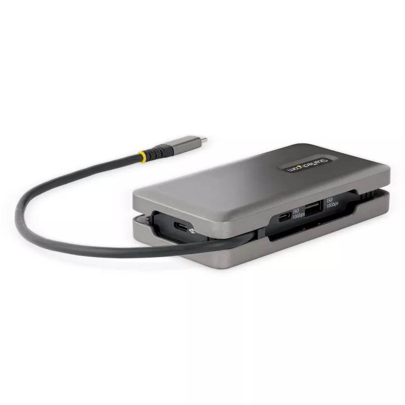 StarTech.com Adaptador multiportas USB-C – HDMI/VGA – 4K 60 Hz – Hub USB de 3 portas – 100 W Power Delivery Pass-Through – GbE – Mini estação de acoplamento de viagem com carregamento – Cabo enrolável, 30 cm