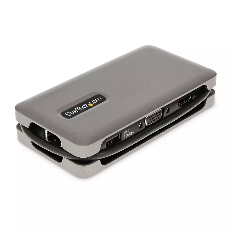 StarTech.com Adaptador multiportas USB-C – HDMI/VGA – 4K 60 Hz – Hub USB de 3 portas – 100 W Power Delivery Pass-Through – GbE – Mini estação de acoplamento de viagem com carregamento – Cabo enrolável, 30 cm