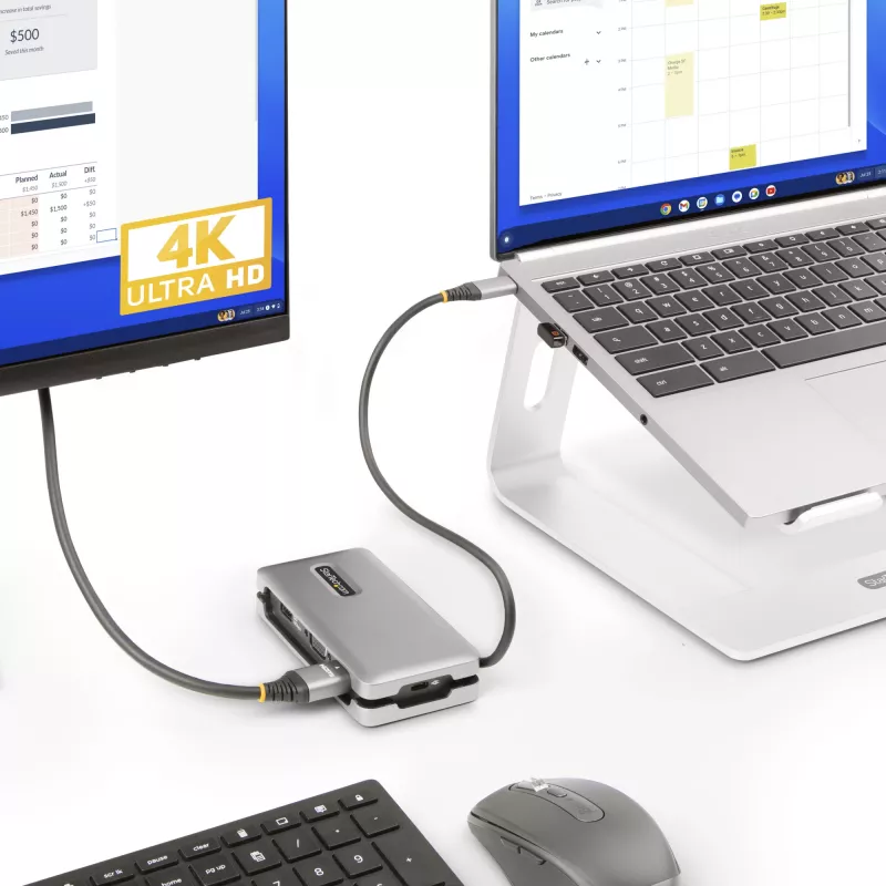 StarTech.com Adaptador multiportas USB-C – HDMI/VGA – 4K 60 Hz – Hub USB de 3 portas – 100 W Power Delivery Pass-Through – GbE – Mini estação de acoplamento de viagem com carregamento – Cabo enrolável, 30 cm