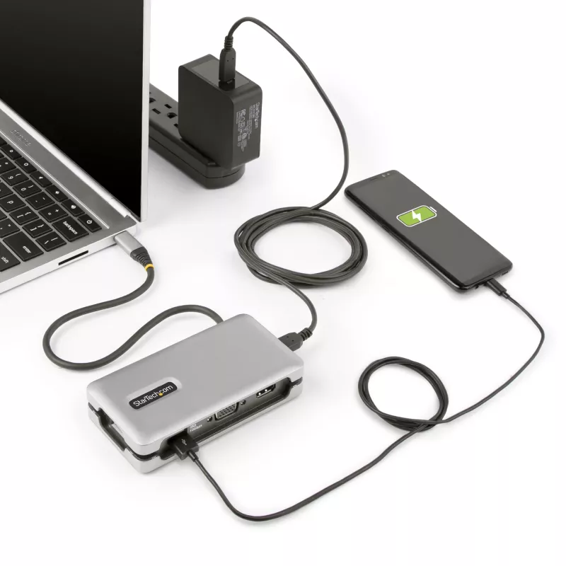 StarTech.com Adaptador multiportas USB-C – HDMI/VGA – 4K 60 Hz – Hub USB de 3 portas – 100 W Power Delivery Pass-Through – GbE – Mini estação de acoplamento de viagem com carregamento – Cabo enrolável, 30 cm
