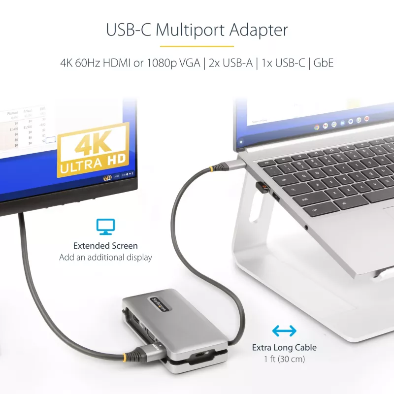 StarTech.com Adaptador multiportas USB-C – HDMI/VGA – 4K 60 Hz – Hub USB de 3 portas – 100 W Power Delivery Pass-Through – GbE – Mini estação de acoplamento de viagem com carregamento – Cabo enrolável, 30 cm
