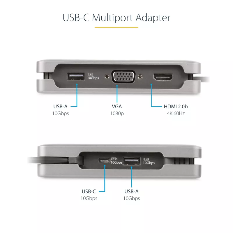 StarTech.com Adaptador multiportas USB-C – HDMI/VGA – 4K 60 Hz – Hub USB de 3 portas – 100 W Power Delivery Pass-Through – GbE – Mini estação de acoplamento de viagem com carregamento – Cabo enrolável, 30 cm