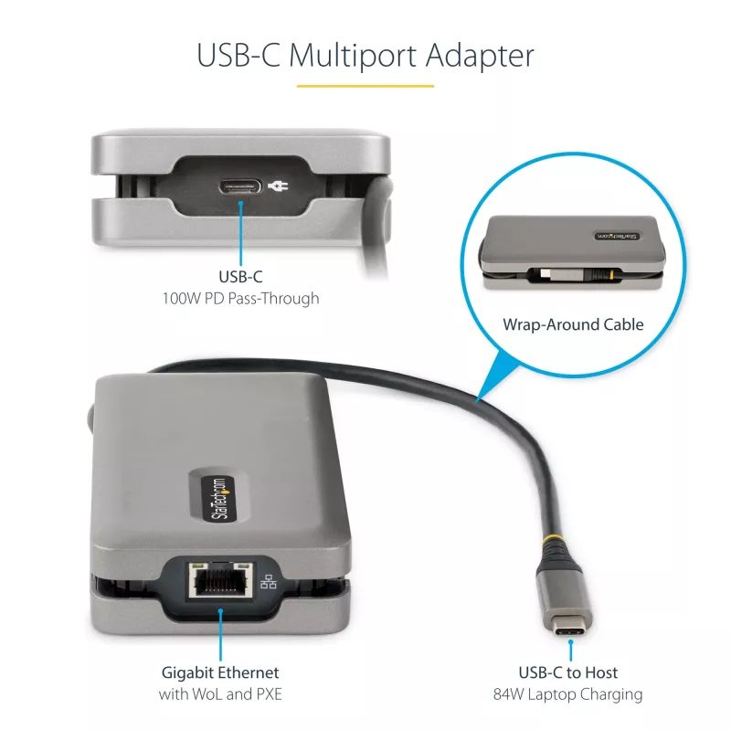 StarTech.com Adaptador multiportas USB-C – HDMI/VGA – 4K 60 Hz – Hub USB de 3 portas – 100 W Power Delivery Pass-Through – GbE – Mini estação de acoplamento de viagem com carregamento – Cabo enrolável, 30 cm