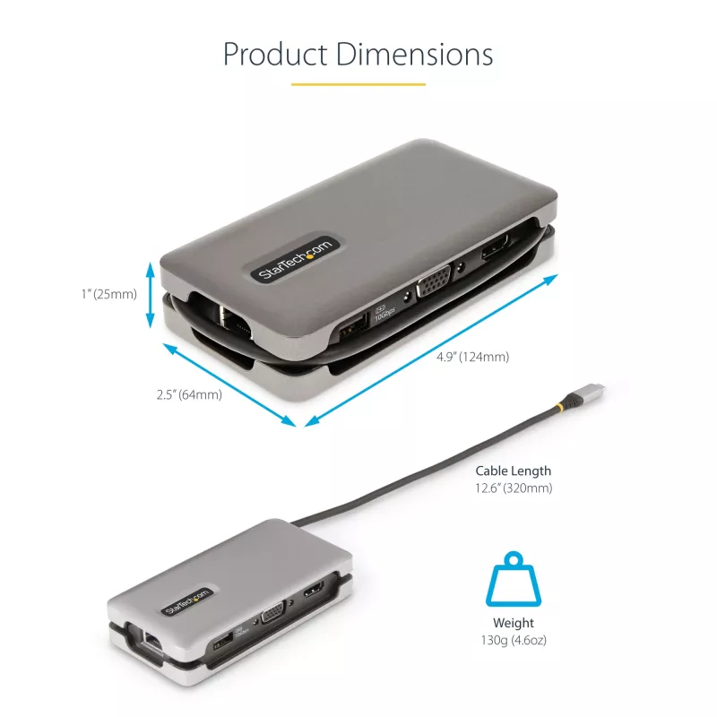 StarTech.com Adaptador multiportas USB-C – HDMI/VGA – 4K 60 Hz – Hub USB de 3 portas – 100 W Power Delivery Pass-Through – GbE – Mini estação de acoplamento de viagem com carregamento – Cabo enrolável, 30 cm