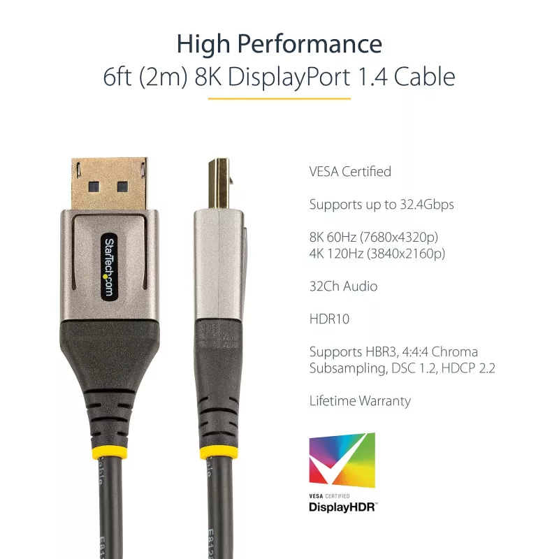 StarTech.com Cabo DisplayPort 1.4 certificado VESA de 1,8 m – 8K 60 Hz HDR10 – Vídeo Ultra HD 4K 120 Hz – Cabo de DP 1.4 – para monitores/ecrãs – Cabo DisplayPort para DisplayPort – M/M