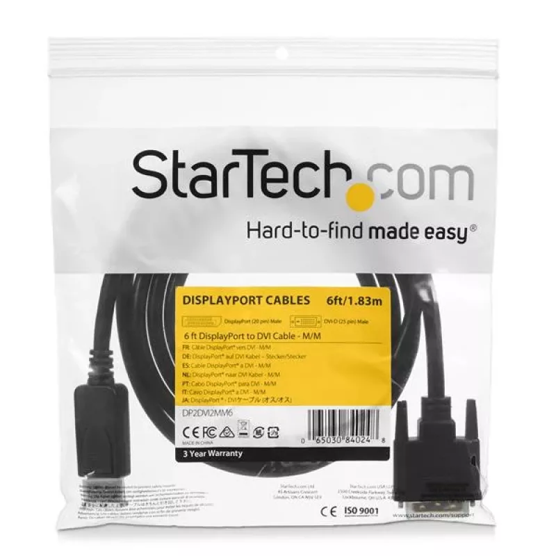 StarTech.com Cabo DisplayPort para DVI de 1,8 m, cabo adaptador DisplayPort para DVI, conversor de vídeo passivo DP para DVI-D, 1080p – Substituto do DP2DVIMM6
