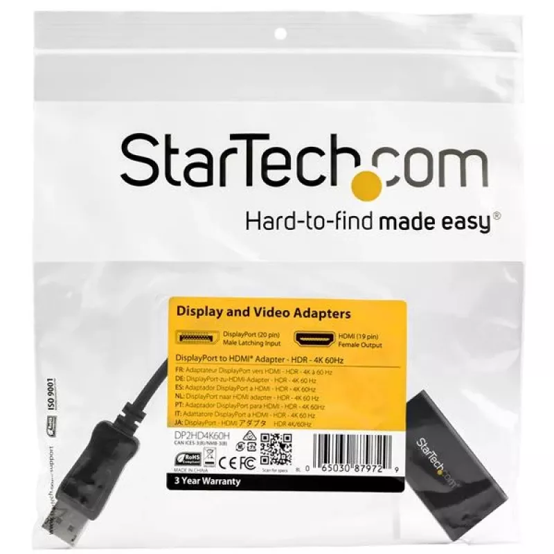 StarTech.com Adaptador DisplayPort para HDMI - Conversor de vídeo ativo DisplayPort 1.4 para HDMI 2.0b 4K 60Hz HDR10 - Dongle adaptador DP para HDMI 4K para monitor/ecrã/televisor - Ficha DP com bloqueio