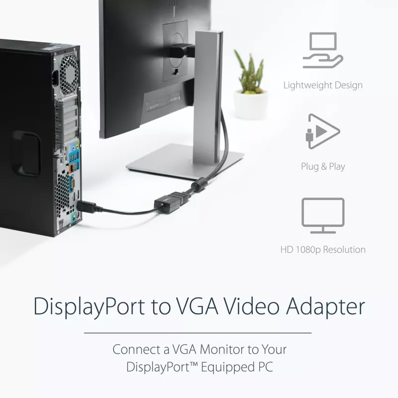 StarTech.com Adaptador DisplayPort para VGA - Conversor ativo DP para VGA - Vídeo 1080p - Certificado DisplayPort - Dongle adaptador de cabo DP/DP++ para monitor VGA - Conector DP com bloqueio
