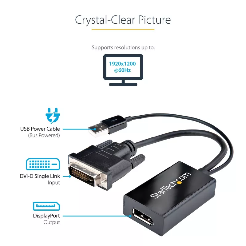 StarTech.com Adaptador DVI para DisplayPort – Alimentação USB – 1920 x 1200 – Conversor DVI para DisplayPort – Adaptador de vídeo – DVI-D para DP