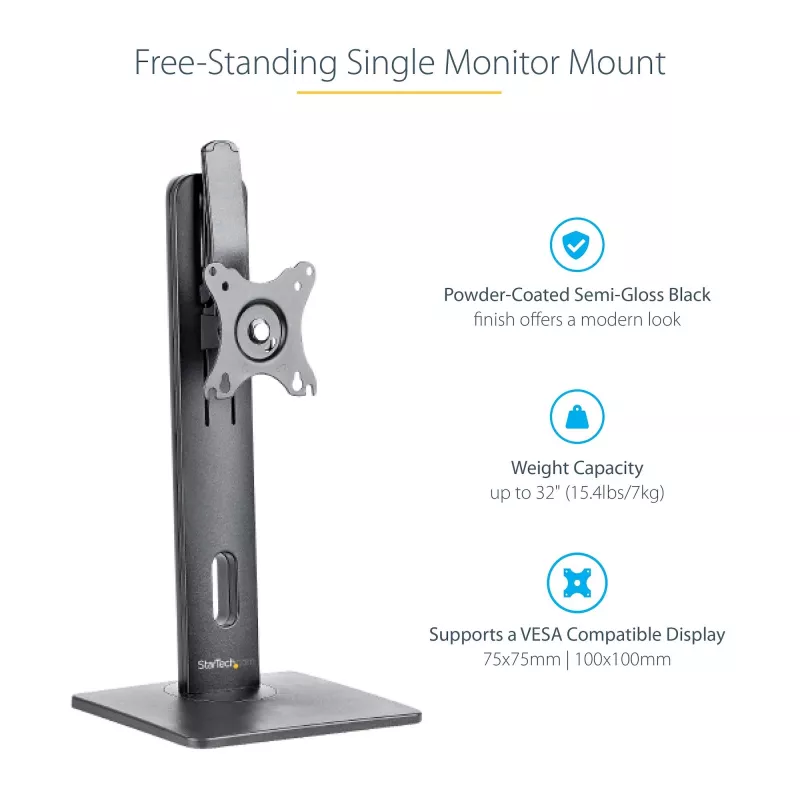 StarTech.com suporte de monitor individual de pé – suporte de monitor com altura ajustável – para monitores VESA até 32 polegadas (7 kg) – suporte de monitor ergonómico para secretária – inclinável/rotativo/giratório
