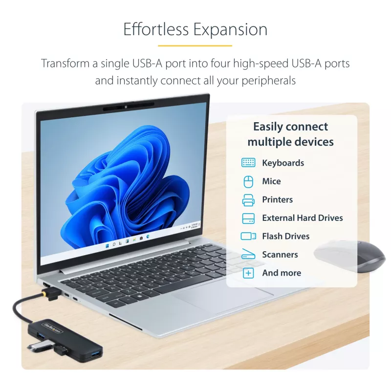 Hub USB-A de 4 portas StarTech.com, 5 Gbit/s, alimentado por bus, mini hub USB de viagem compacto, splitter USB 3.0 multiporta, hub USB portátil, proteção contra sobretensão (OCP)
