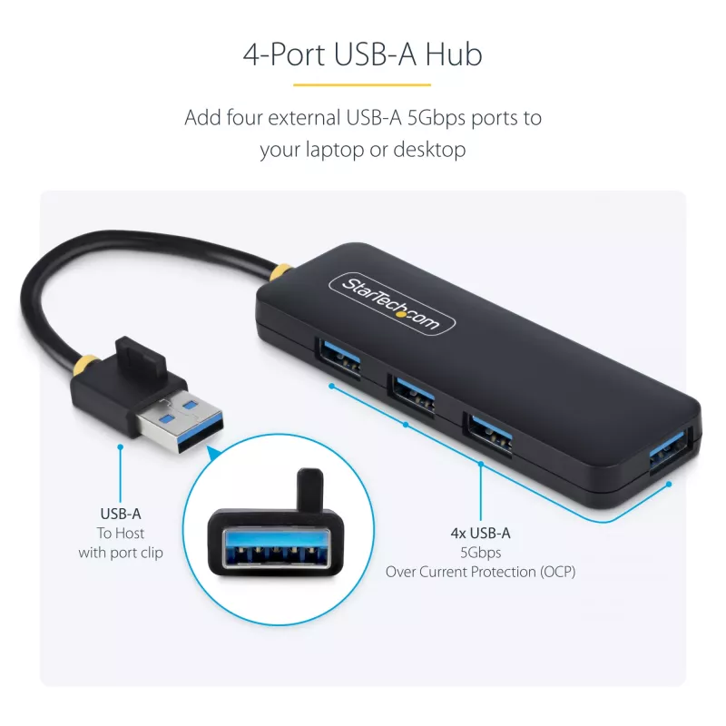 Hub USB-A de 4 portas StarTech.com, 5 Gbit/s, alimentado por bus, mini hub USB de viagem compacto, splitter USB 3.0 multiporta, hub USB portátil, proteção contra sobretensão (OCP)