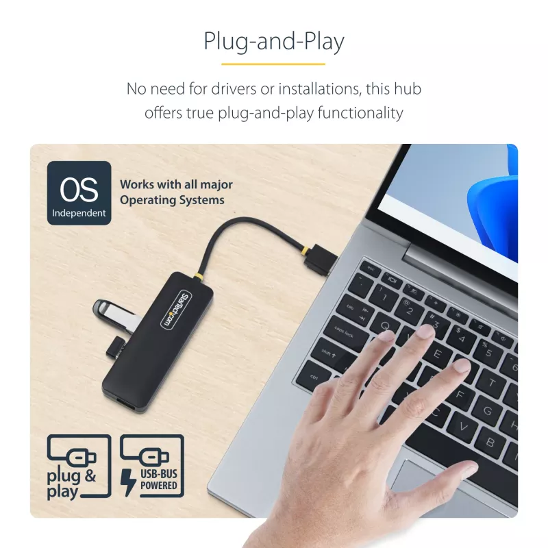 Hub USB-A de 4 portas StarTech.com, 5 Gbit/s, alimentado por bus, mini hub USB de viagem compacto, splitter USB 3.0 multiporta, hub USB portátil, proteção contra sobretensão (OCP)