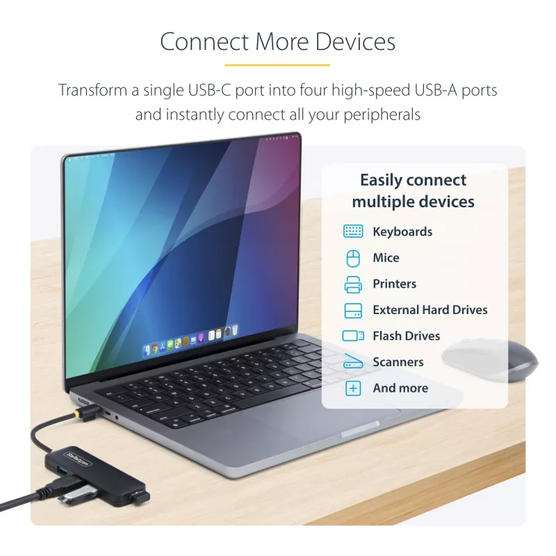 Hub USB-C de 4 portas StarTech.com, 5 Gbit/s, USB-C para 4x USB-A, alimentado por bus, mini hub de viagem compacto, splitter USB 3.0 multiporta, hub portátil, proteção contra sobretensão