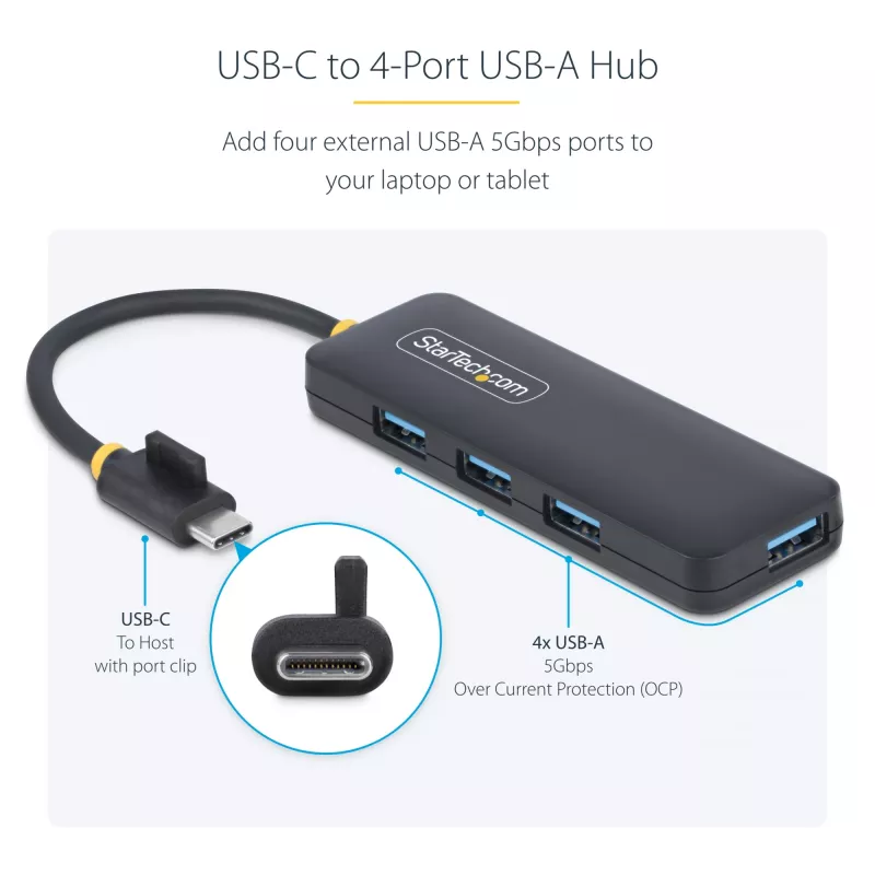 Hub USB-C de 4 portas StarTech.com, 5 Gbit/s, USB-C para 4x USB-A, alimentado por bus, mini hub de viagem compacto, splitter USB 3.0 multiporta, hub portátil, proteção contra sobretensão