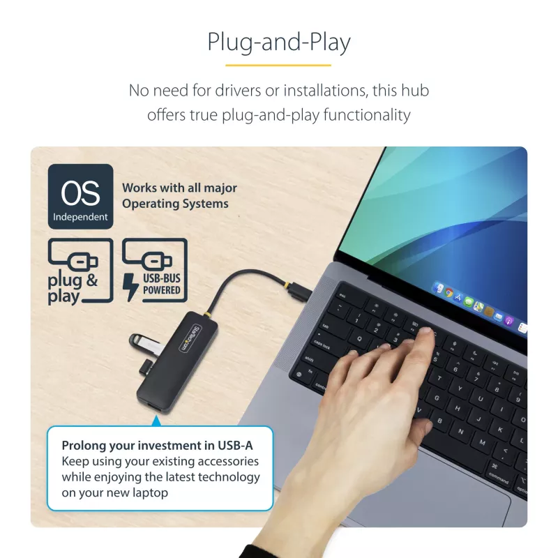 Hub USB-C de 4 portas StarTech.com, 5 Gbit/s, USB-C para 4x USB-A, alimentado por bus, mini hub de viagem compacto, splitter USB 3.0 multiporta, hub portátil, proteção contra sobretensão