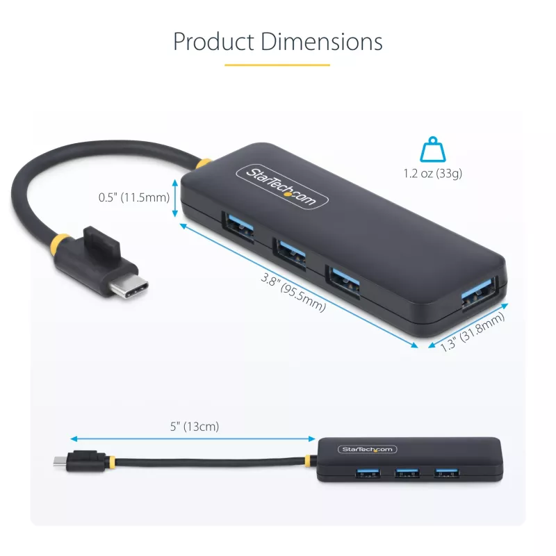 Hub USB-C de 4 portas StarTech.com, 5 Gbit/s, USB-C para 4x USB-A, alimentado por bus, mini hub de viagem compacto, splitter USB 3.0 multiporta, hub portátil, proteção contra sobretensão