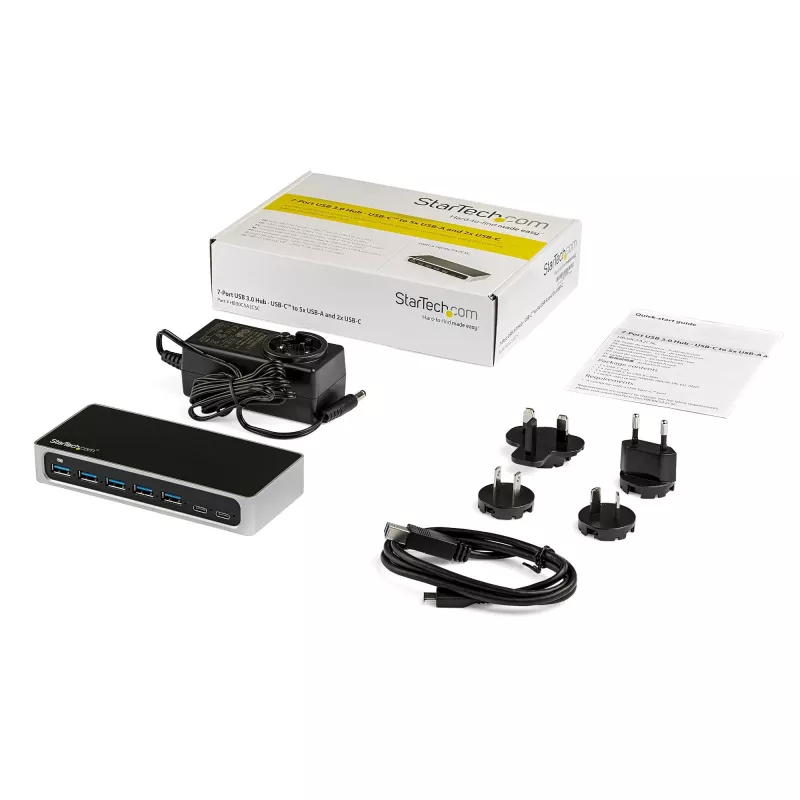 StarTech.com HB30C5A2CSC hub USB-C de 7 portas, de USB-C para 5x USB-A + 2x USB-C, USB 3.0, porta de carregamento rápido, alimentado