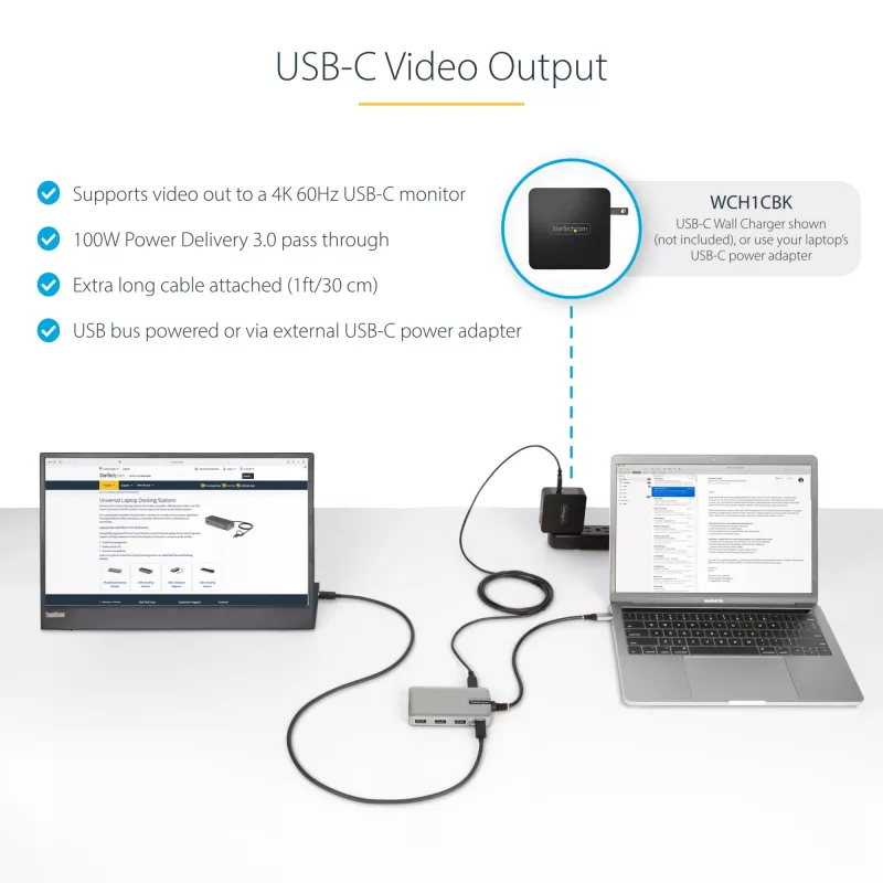 Hub USB-C de 4 portas StarTech.com com saída de vídeo USB-C DP Alt Mode 4K 60Hz - 3x USB-A, 1x USB Type-C, Power Delivery pass-through 100W, USB 3.2 10Gbps, cabo de 30cm, hub USB portátil
