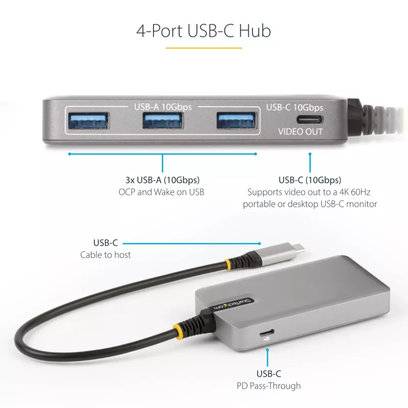 Hub USB-C de 4 portas StarTech.com com saída de vídeo USB-C DP Alt Mode 4K 60Hz - 3x USB-A, 1x USB Type-C, Power Delivery pass-through 100W, USB 3.2 10Gbps, cabo de 30cm, hub USB portátil