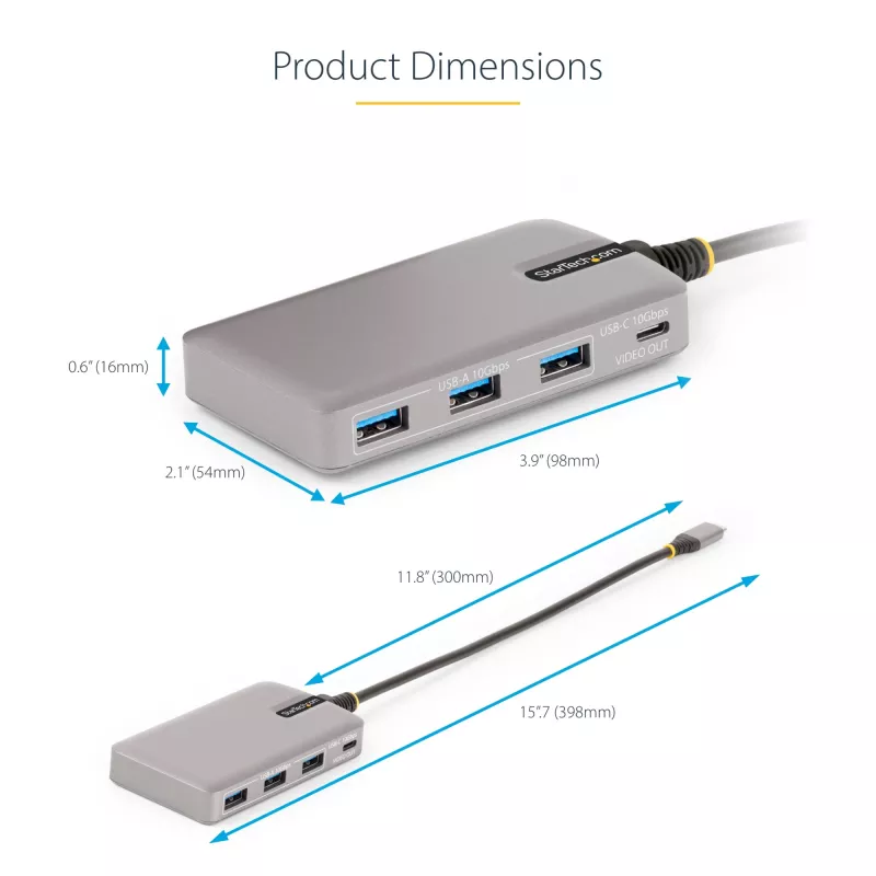 Hub USB-C de 4 portas StarTech.com com saída de vídeo USB-C DP Alt Mode 4K 60Hz - 3x USB-A, 1x USB Type-C, Power Delivery pass-through 100W, USB 3.2 10Gbps, cabo de 30cm, hub USB portátil