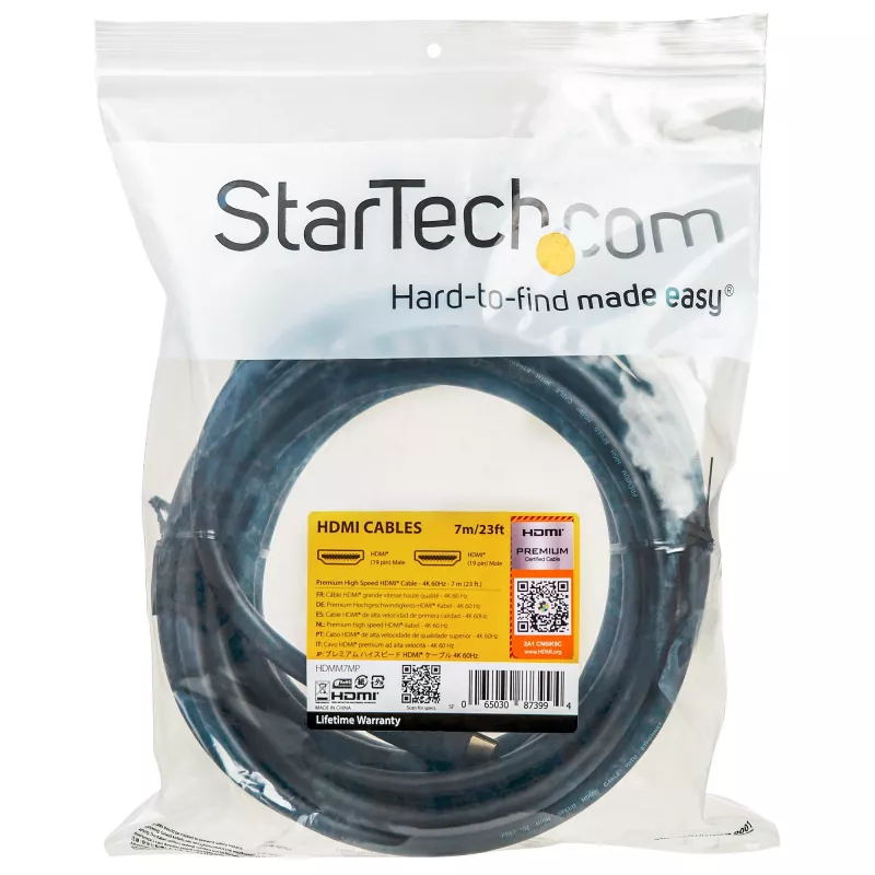 Cabo HDMI 2.0 premium certificado de 7m com Ethernet StarTech.com - cabo HDMI Ultra HD 4K 60Hz de alta velocidade HDR10 - cabo HDMI longo (macho/macho) - para monitores UHD, TVs, ecrãs