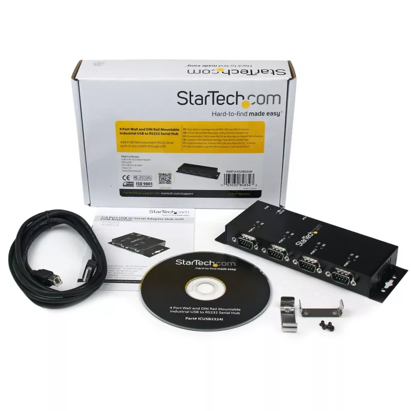 StarTech.com Hub adaptador USB para série DB9 RS232 de 4 portas – Montagem industrial em calha DIN e parede