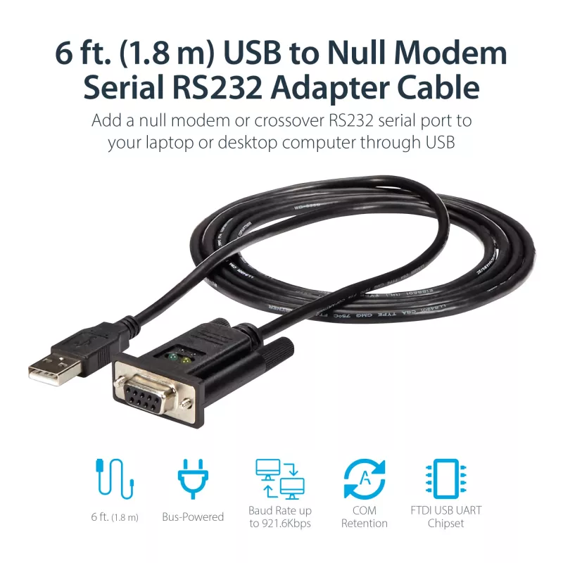 StarTech.com ICUSB232FTN cabo adaptador de USB para série null modem RS232 DB9 DCE de 1 porta, FTDI, USB 2.0, preto