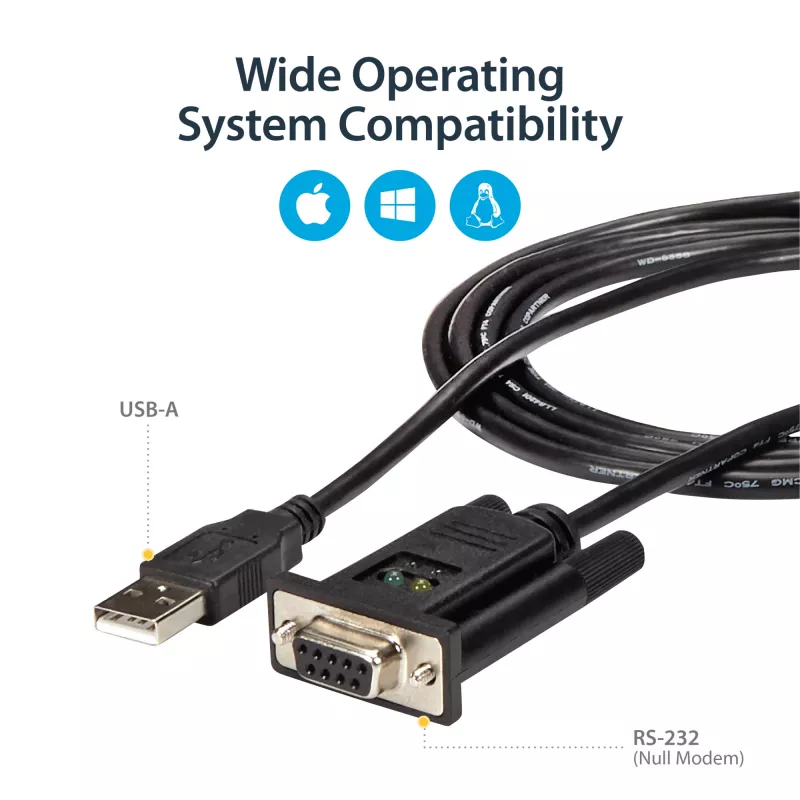 StarTech.com ICUSB232FTN cabo adaptador de USB para série null modem RS232 DB9 DCE de 1 porta, FTDI, USB 2.0, preto