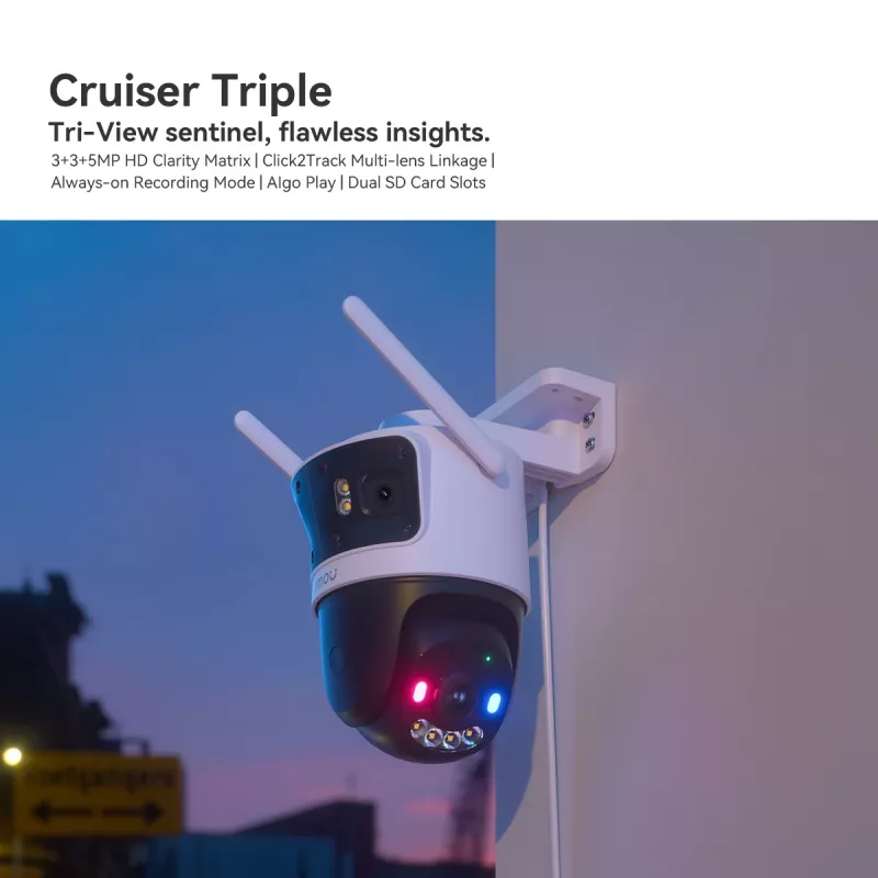 Câmara de vigilância IP IMOU Cruiser Triple IPC-S7UP-11M0WED — 2880×1620, 6 mm, zoom digital 8×, com fio e sem fio, exterior, montagem em teto/parede