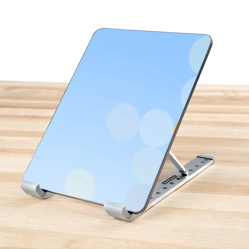 StarTech.com suporte de laptop dobrável, suporte de laptop ergonómico portátil com altura ajustável, estrutura de alumínio ventilada suporta 10 kg, inclinável/elevável/angular para laptop/tablet, design dobrável