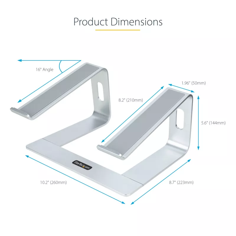 StarTech.com suporte de laptop para secretária, suporta 5 kg/11 lb, alumínio, prateado, elevação ergonómica de laptop, suporte de laptop portátil, suporte para computador para MacBook Air/Pro, Dell XPS, Lenovo