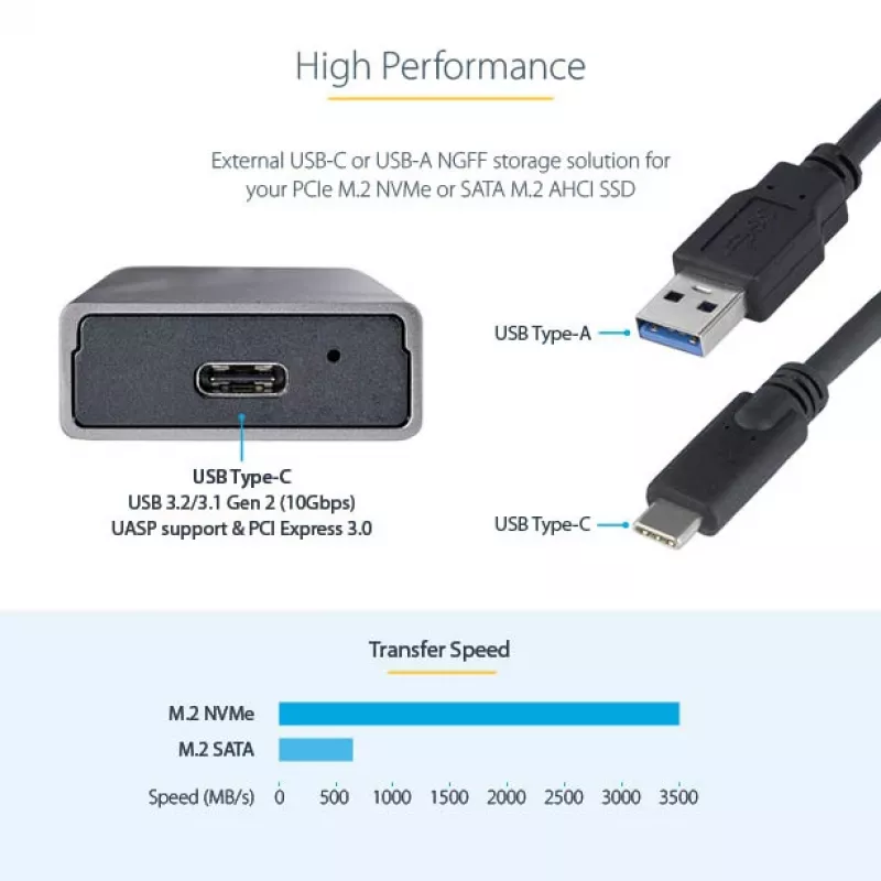 StarTech.com caixa USB-C 10 Gbit/s para M.2 NVMe ou M.2 SATA SSD – caixa externa de alumínio sem ferramentas para M.2 PCIe/SATA NGFF SSD – cabo host USB Type-C e Type-A – suporta 2230/2242/2260/2280