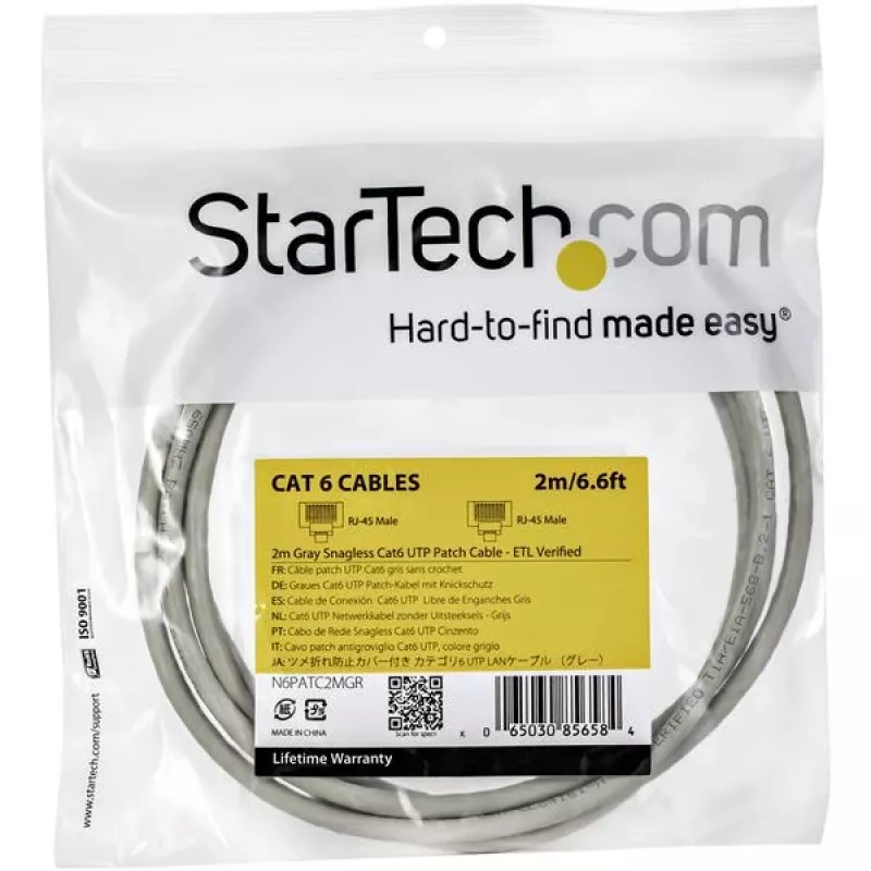 StarTech.com Cabo Ethernet CAT6 de 2 m – Cinzento, Cabo Gigabit Ethernet CAT 6 – 250 MHz, 100 W PoE, RJ45, UTP, de rede/patch, proteção das patilhas com alívio de tensão, testado individualmente