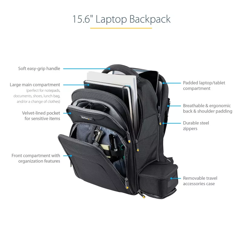Mochila para portátil StarTech.com 15,6 polegadas com organizador de acessórios removível - Mochila profissional IT-Tech para trabalho/viagens/deslocações - Bolsa de computador ergonómica - Nylon balístico resistente - Compartimentos para portátil/tablet
