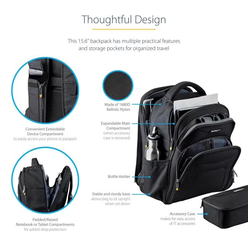 Mochila para portátil StarTech.com 15,6 polegadas com organizador de acessórios removível - Mochila profissional IT-Tech para trabalho/viagens/deslocações - Bolsa de computador ergonómica - Nylon balístico resistente - Compartimentos para portátil/tablet