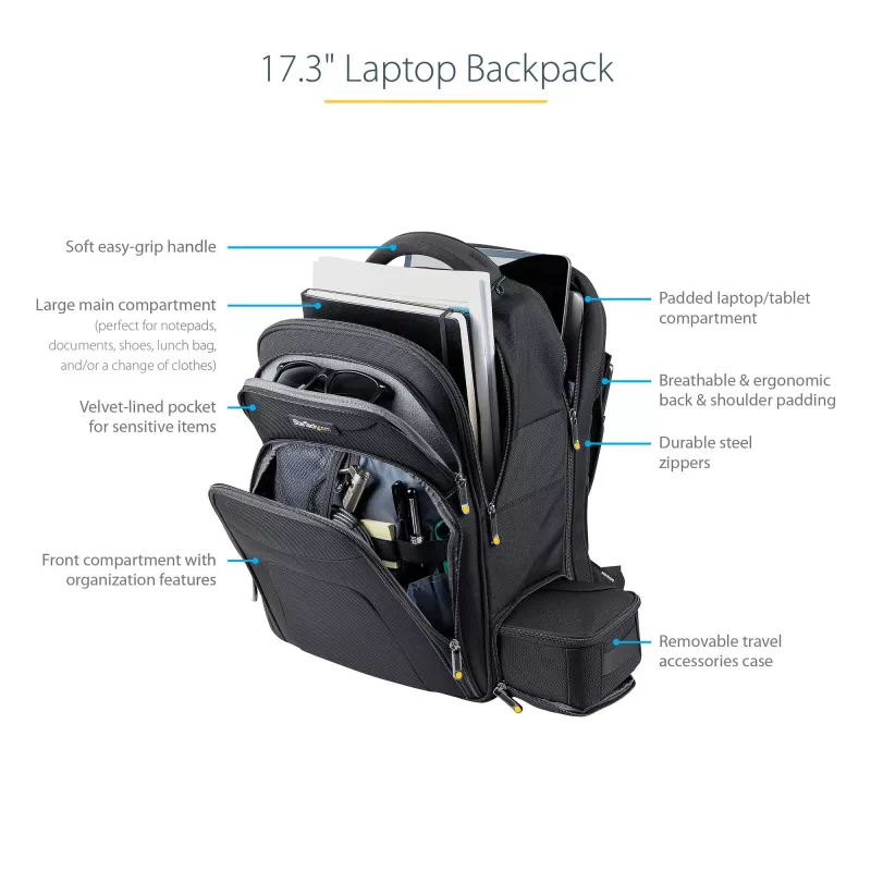Mochila para portátil StarTech.com 17,3 polegadas com estojo organizador de acessórios removível – Mochila profissional IT-Tech para trabalho/viagens/deslocações – Bolsa de computador ergonómica – Nylon balístico robusto – Compartimentos para portátil/tablet