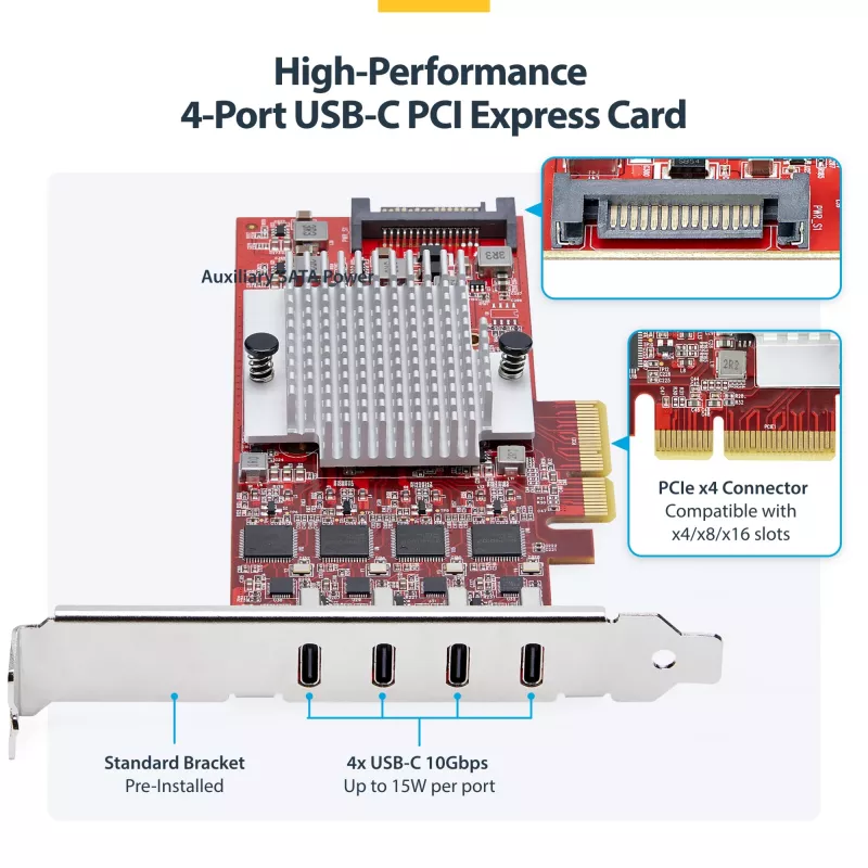 Placa PCIe USB Type-C StarTech.com de 4 portas, USB 3.2 10Gbps, placa de expansão USB-C PCI Express, 4x controladores USB independentes, Windows/Linux/macOS, compatível com TAA