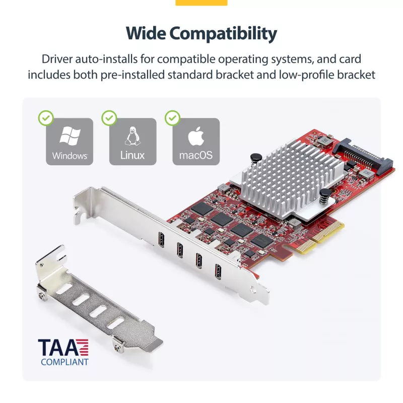 Placa PCIe USB Type-C StarTech.com de 4 portas, USB 3.2 10Gbps, placa de expansão USB-C PCI Express, 4x controladores USB independentes, Windows/Linux/macOS, compatível com TAA