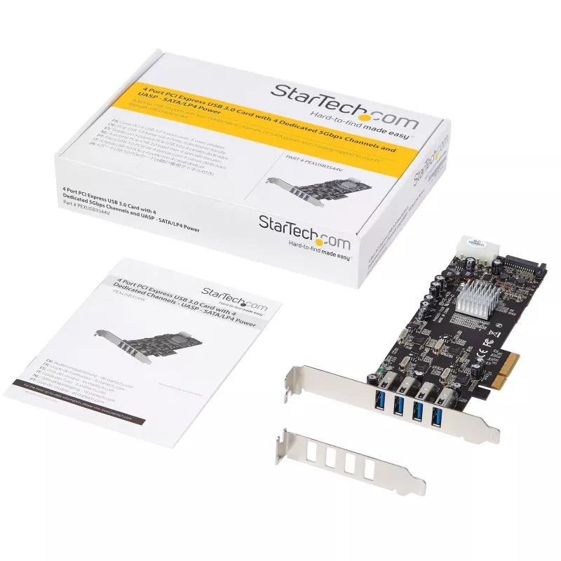 Placa PCIe StarTech.com com 4 portas USB 3.0 e 4 canais dedicados de 5 Gbps (USB 3.1 Gen 1) – UASP – alimentação SATA / LP4 – placa adaptadora PCI Express