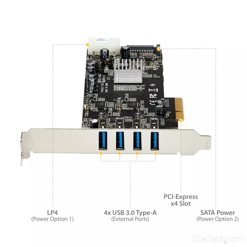 Placa PCIe StarTech.com com 4 portas USB 3.0 e 4 canais dedicados de 5 Gbps (USB 3.1 Gen 1) – UASP – alimentação SATA / LP4 – placa adaptadora PCI Express