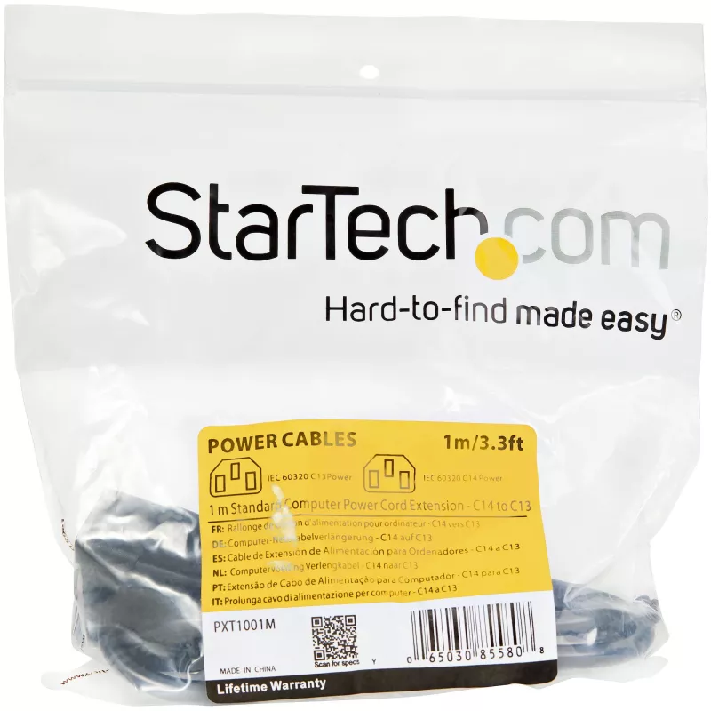 StarTech.com Cabo de extensão de alimentação de 1m, C14 para C13, 10A 125V, 18AWG, cabo de extensão de alimentação para computador, cabo de alimentação AC IEC-320-C14 para IEC-320-C13 para fontes de alimentação, listado UL