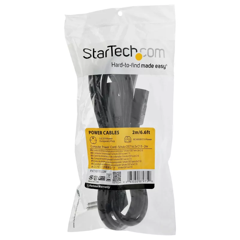 StarTech.com Cabo de alimentação para computador de 2m (6ft) em Y, 18AWG, EU Schuko para 2x C13, 10A 250V, cabo AC de substituição preto, cabo de alimentação para impressora, cabo para fonte de alimentação de PC, cabo de alimentação para monitor – listado UL