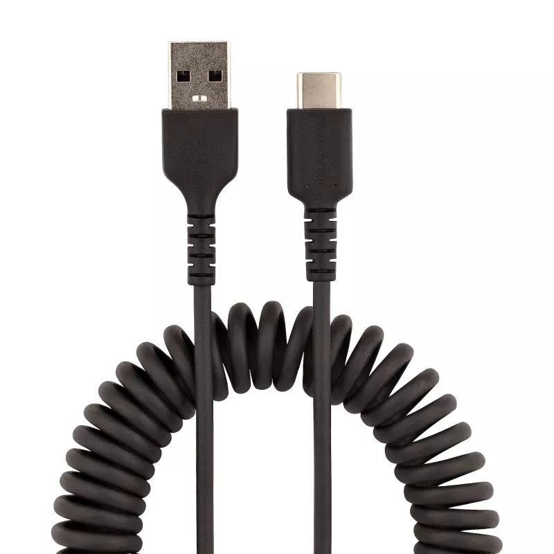 StarTech.com Cabo de carregamento USB-A para C de 50cm (20in), cabo espiral heavy duty carregamento rápido e sincronização, cabo USB 2.0 A para USB Type-C de alta qualidade, fibra de aramida robusta, cabo USB macho para macho durável