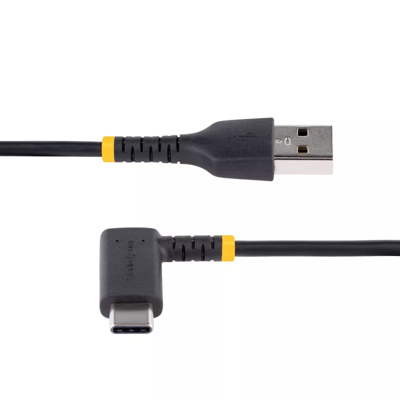 StarTech.com Cabo de carregamento USB-A para C de 1ft (30cm), em ângulo – cabo USB-C de carregamento rápido robusto – preto USB 2.0 A para Type-C – fibra de aramida resistente – 3A – cabo de carregamento USB